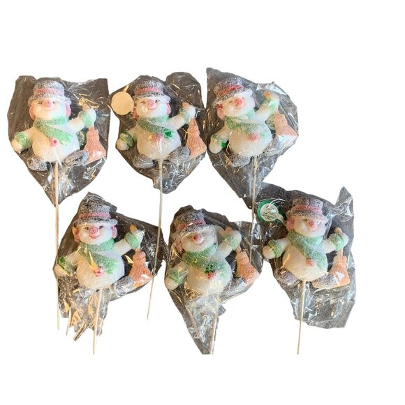 Flocked Snowman Set of 6 Floral Picks Made in Hong Kong Holiday Decor Vintage - Picture 11 of 13